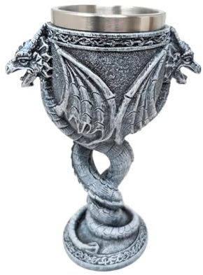 JRose Collections Gothic Dragon Goblet Chalice with Twin Dragon Design – Medieval Stone Effect Resin with Stainless Steel Inner Cup – Fantasy Home Bar Décor, Collectible Ornament, Drinking Cup