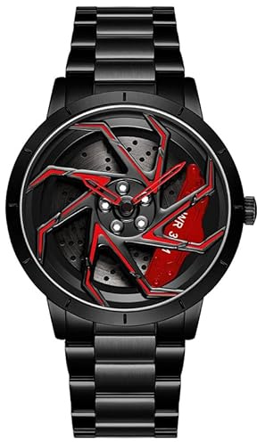 FANMIS Modische Herren-Armbanduhr, kreatives 3D-drehendes Autorad, drehbares Design, Edelstahl, großes Zifferblatt, Skelett, wasserdicht, geeignet für Männer und Auto-Enthusiasten