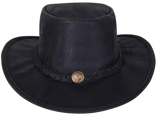 URBAN 5884 Cowboyhut aus echtem Leder, Western-Hut aus Rindsleder mit Verstellbarer Krempe und Kinnriemen - Schwarz, M