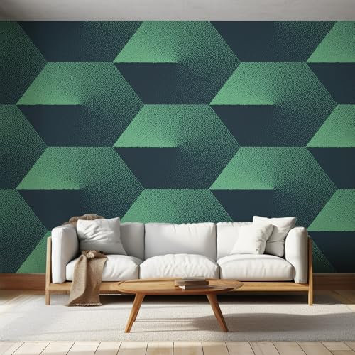 Generisch Fototapete Grün Geometrisch Tapete 3D Abstrakte Optische Illusion für Wohnzimmer Schlafzimmer Wand Deko, Vliestapete Wallpaper Wandtapete, 300 x 210 cm &WP