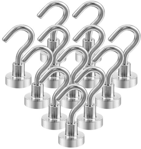 Ganchos magnéticos para cabina de crucero (12 unidades, más de 8 kg) - Metal de neodimio resistente para cocina, oficina y ropa (plateado)