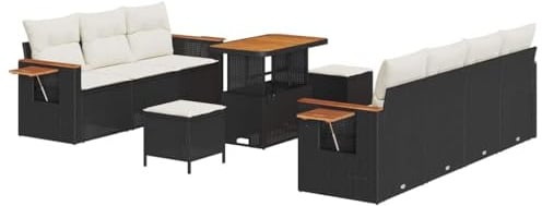 vidaXL 10-teiliges Garten-Sofa-Set mit Kissen in Schwarz aus Poly Rattan und Akazie, Tisch für den Außenbereich, Terrassenmöbel, Lounge, Patio und Hinterhof, modular