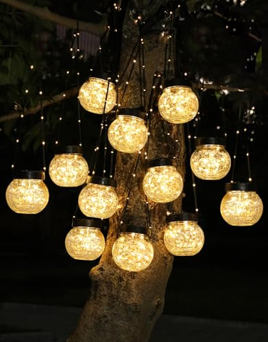 PARTPHONER Solar Lights Outdoor Waterproof 12-Pack, Solar Powered Hanging Lantern Cracked Glass Hanging Globes for Yard Decor Christmas Decoration, Shepherd Hook, Garden Tree Ornaments, Warm White