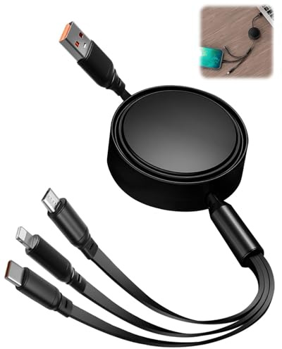 66W Multi Cavo di Ricarica 3 in 1 Cavo Multiplo USB C Retrattile Cavo di Ricarica 1.2m con Type-C, Micro USB e Light-ning compatibile con iPhone 16/15/14, MacBook, Tablet, Galaxy/Pixel/LG