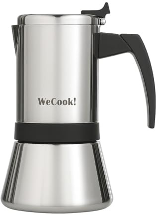WECOOK! Cafetera italiana acero inoxidable 18/10 6 tazas para inducción – espresso/moka – mango Soft-Touch de baquelita – válvula de seguridad de níquel – cuchara medidora incluida