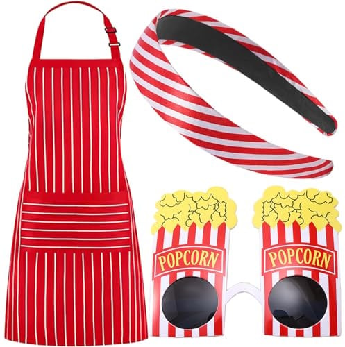 XINDY Popcorn Kostüm, Rot Weiss Karneval Kostüm Damen Haarreif Rot Weiß Schürze Popcorn Brille für Faschingskostüme Damen Karneval Mottoparty Cosplay