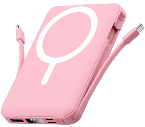 Gawegar Powerbank für MagSafe, 10000mAh Magnetische Powerbank iPhone Rosa | Mit 2 integrierten USB-C-Kabeln, 15W kabelloses Laden+20W PD-Schnellladen, LED-Display, für iPhone 18/17/16/15/14/13/12 Serie