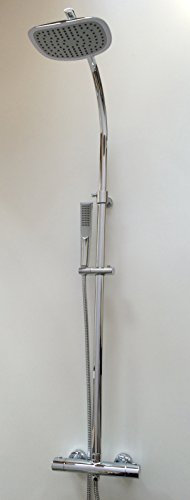 ADOB Thermostat Duschsystem, Wellness Dusche New Malaga, Messing verchromt, höhenverstellbar, 1100-1320 mm, Thermostatarmatur, Kopf- und Handbrause, Antikalknoppen, Wandmontage, Silber