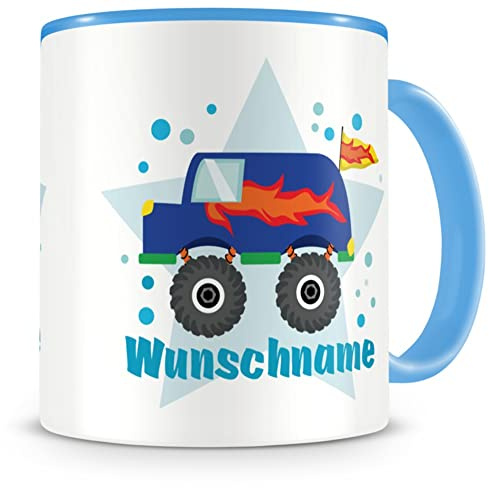 Samunshi® Kindertasse mit Namen Tasse Monstertruck Van Personalisierte Tasse mit Namen Kinder Kinderbecher personalisierter Text Namenstasse Kindergarten blau 300ml