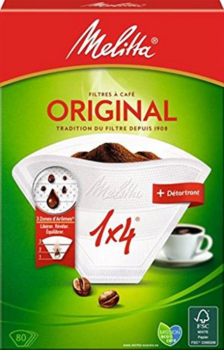 Melitta, 80 Filtres à Café, Taille 1x4, pour Cafetière à Filtre, 1 Sachet de Détartrant Inclus, Original, Blanc