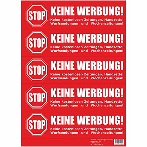 Keine Werbung! 4x5 Briefkastenaufkleber rot - Aufkleber - Keine kostenlosen Zeitungen, Handzettel, Wurfsendungen und Wochenzeitungen! Für den Briefkasten - Zeitungsrolle