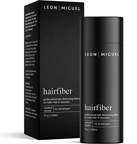 LEON MIGUEL Hair Fiber - Haarverdichtung - Premium Streuhaar/Schütthaar mit Soforteffekt bei Geheimratsecken, Haarausfall und lichtem Haar - Haarpuder | 25g (Mittelblond)