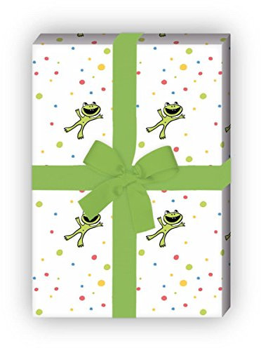 Fröhliches Frosch Geschenkpapier Set (4 Bogen) mit bunten Punkten für tolle Geschenk Verpackung zur Taufe, Geburt, Ostern, Geburtstag, Hochzeit, Weihnachten 32 x 48cm, orange braun