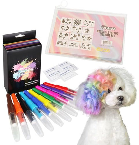 Opawz Blow Pen 10 Colores con Plantilla de Tatuaje 24pcs, Color Temporal Tinte de Pelo de Perro, Lavable Tinte de Pelo de Mascota, Semi Permanente Tinte de Color para Perros y Gatos