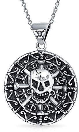 Bling Jewelry Runde Münze Schwerer Großer Medaillon Karibik Azteken Piraten Schädel Anhänger Halskette Für Männer Oxidiertes .925 Sterlingsilber