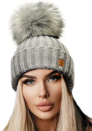 4sold Rita Damen Wurm Winter Style Beanie Strickmütze Mütze mit Fellbommel Bommelmütze HAT SKI Snowboard