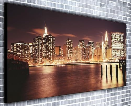 New York Twilight Stadtbild Manhattan Panorama Wand Kunstdruck auf Leinwand gerahmt XXL 139,7 x 61 cm über 4,5 Ft breit x 2 ft Hoch fertig zum Aufhängen