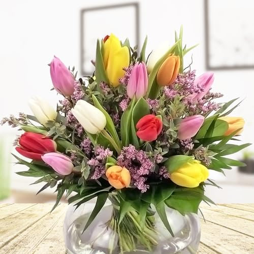 Bunter Tulpenstrauß - Blumenstrauß mit 15 bunten Tulpen - Inklusive Grußkarte # Ostern