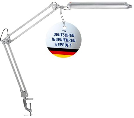 MAUL LED Schreibtischlampe MAULatlantic | LED Lampe mit Klemmfuß | Tageslichtlampe mit 6500 K & 860 Lm | Lampe mit verstellbarem Leuchtenkopf | Geprüfte Sicherheit (GS-Zeichen) | Silber