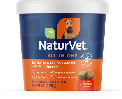 NaturVet All-in-One Dog Supplement - for Joint Support, Digestion, Skin, Coat Care – Dog Multivitamins with Minerals, Omega-3, 6, 9 – Wheat-Free Vitamins for Dogs – 60 Soft Chews