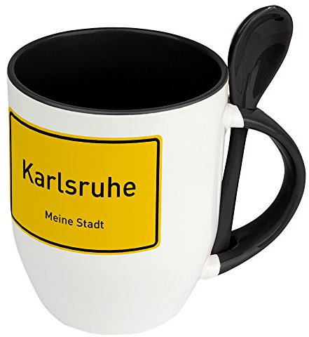 Städtetasse Karlsruhe - Löffel-Tasse mit Motiv Ortsschild - Becher, Kaffeetasse, Kaffeebecher, Mug - Schwarz