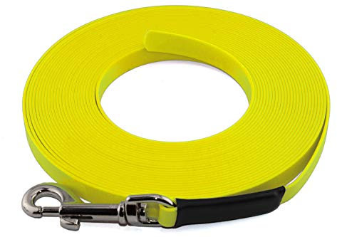 LENNIE Leichte BioThane Schleppleine, 19mm, Hunde ab 35kg, 7m lang, ohne Handschlaufe, Neon-Gelb, genäht