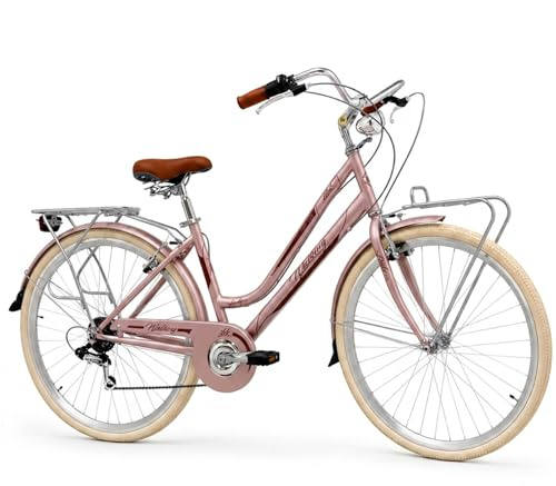 IBK Walking City Bike 28'' da Donna, Bicicletta da Passeggio, Cambio professionale 7 Velocità, Portapacchi e Porta Cestino inclusi (Rosa Antico)