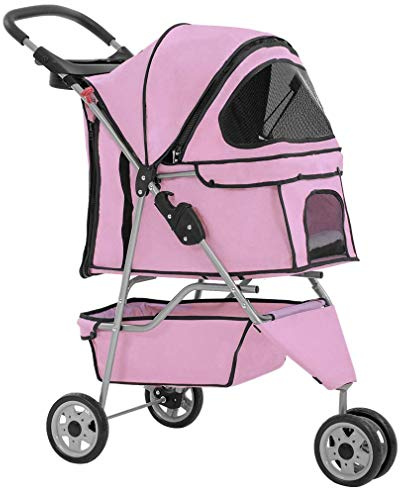 BestPet 3 Wheels Pet Dog Stroller Cat Cage for Medium Small Dogs Cats Travel Folding Carrier Waterproof Puppy Stroller with Cup Holder & Removable Liner,Pink