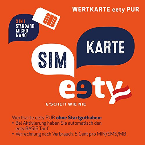 eety Carte SIM Autriche (SIM, Micro SIM, Nano SIM) pour smartphone/tablette, routeur/ordinateur portable, carte sans biens de démarrage, compatible avec l'itinéraire.