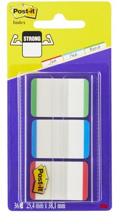 Post-it Index Strong Ablagetabs, Standard, Rot, Blau und Grün, 66 Haftstreifen 25.4 mm x 38.1 mm - Markierungsstreifen für Dokumente und Notizen