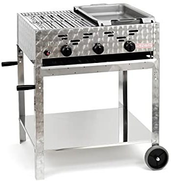 Gasgrill-Kombibräter 11kW 3-flammiger Edelstahl-Brenner fahrbar, kleines Grillrost und kl. Stahlpfanne Gastrobräter Profigrill Verein