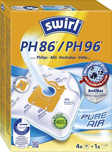 Swirl PH 86 / PH 96 MicroPor Plus Staubsaugerbeutel für Philips, AEG, Electrolux und Volta Staubsauger, Anti-Allergen-Filter , Dauerhaft hohe Saugleistung , 4 Stück inkl. 1 Filter