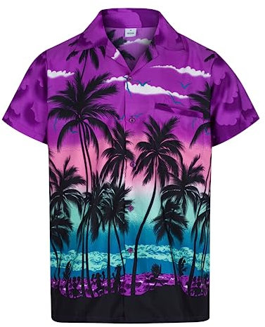 Mens Hawaiian Shirt Short Sleeve STAG Beach Holiday Palm Tree Fancy Dress Hawaii - (Small, Purple)
