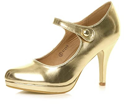 Ajvani Womens Ladies mid high Heel Mary Jane Strap Evening Court Shoes Pumps, 4 UK, Gold Metallic