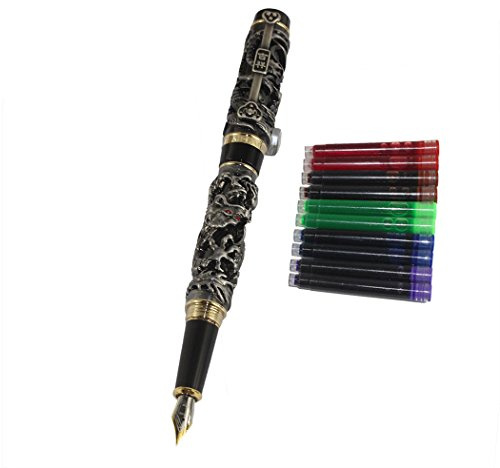 Gullor Noblest Dragon and Phoenix Fountain Pen with PU Leather Pen Pouch and 5 Colour Ink Cartridge - Antique Silver