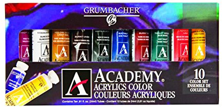 Grumbacher Academy Acrylic Paint, Gloss, 24ml/0.8 oz Metal Tube, 10-Color Set, C1030
