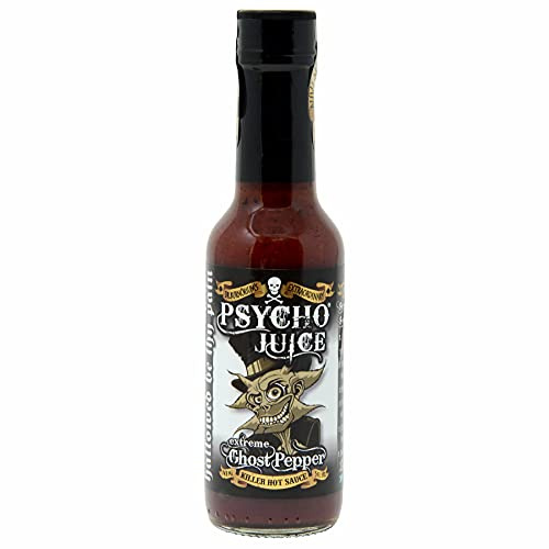 Psycho Juice Extreme Ghost Pepper Hot Sauce – 600,000 Scoville Chilli Sauce – Ultra Hot Naga Jolokia Sauce – Very Hot Cooking Sauce – Pain Level 10+++ 148ml