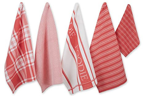 DII Everyday Collection Foodie Küchen-Set, Geschirrtuch und Putzlappen, Koralle, 5-teilig