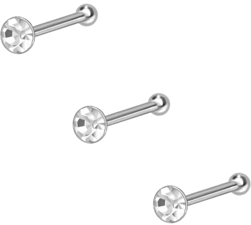 PIERCINGLINE Nasenstecker 3er Set aus 925 Silber mit rundem Kristall Nasenpiercing Stecker Set Silberfarben