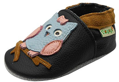 SAYOYO Eule Lauflernschuhe Leder Weiche Sohle Baby Mädchen Jungen Kugelsicherer Krippe Enfants Schuhe 17/18 (0-6) S Monate, Schwarz