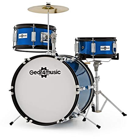 Junior 3 Piece Drum Kit by Gear4music, Blue | For Younger Beginners Ages 5-10, Three-Piece Kit with Snare, Bass Drum and Cymbal, Quick to Set Up, Stool Included