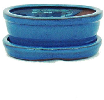 exotenherz - Bonsai-Schale mit Unterteller Gr. 1 - Blau - oval - Modell O7 - L 12cm - B 9,5cm - H 4,5 cm