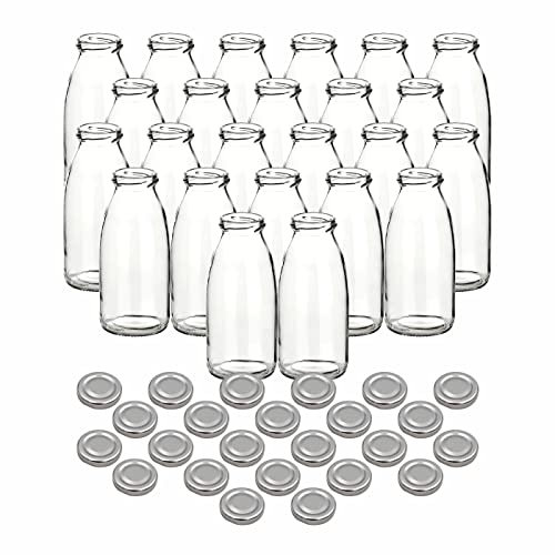gouveo Juego de 24 botellas de zumo de 250 ml con tapón de rosca plateado - Botella de cristal de 0,25 l con tapón TO43 - Botella vacía para zumo, batido, limonada (SF250S)