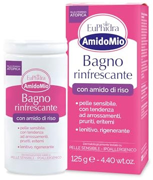 Euphidra - AmidoMio Bagno Rinfrescante, Polvere Lenitiva con Amido di Riso 100% puro, per Pelli Delicate e Sensibili, Rinfrescante e Antinfiammatorio, Flacone 125g