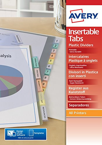 Avery 05612501 Printable Tab Insertable Dividers, 8 Plain Tabs - Assorted Colours