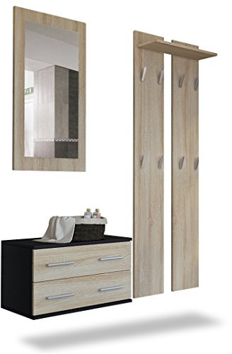 Vladon Garderobenset Garderobe Kioto, Made in Germany, Korpus in Schwarz matt/Front in Eiche sägerau