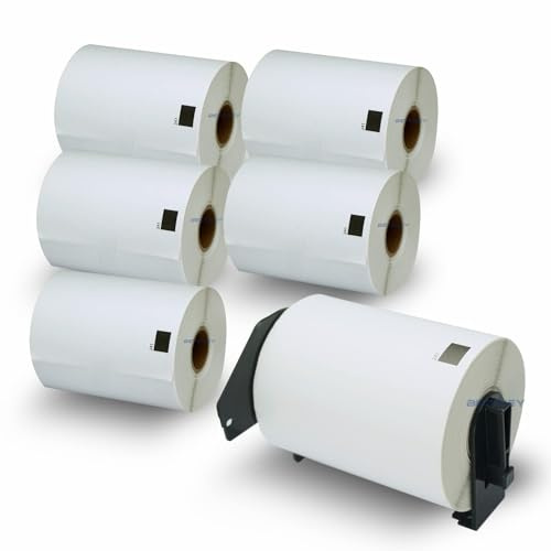 BETCKEY - 6 Rouleaux DK-11241 Étiquettes de Transport Compatible avec Brother, 102mm x 152mm, 1200 Étiquettes pour Imprimantes d'Étiquettes QL Brother (1 Fixateurs Réutilisables)