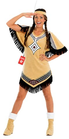 Fun Shack Indianerin Kostüm Damen, Ureinwohner Halloween Kostüm Damen | Kleid, Gürtel, Armbinde & Stirnband mit Feder, Weiß-beiges Design, Perfekt für Halloween, Ideal zum Verkleiden