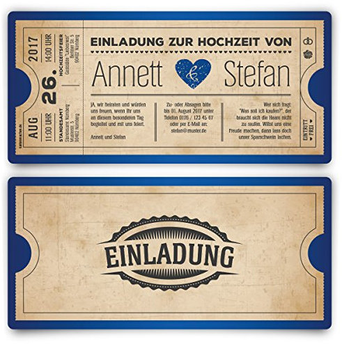 Einladungskarten zur Hochzeit (10 Stück) als Eintrittskarte Vintage Herz Retro Einladung Karte in Blau