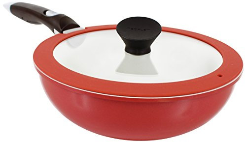 Neoflam Midas Plus 25, 4 cm Antihaft-Keramik-Kochwok, PFOA-freie Bratpfanne mit Deckel aus gehärtetem Glas und abnehmbarem Griff, Stielkasserolle, Sautépfanne, Herd, ofenfest, platzsparend, Rot